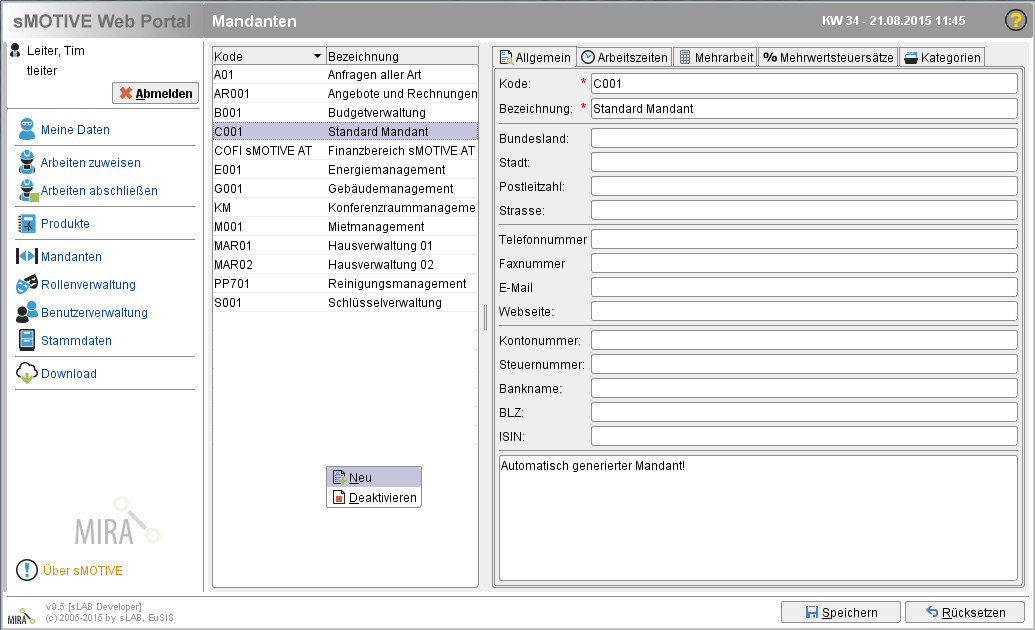 Neuanlegen eines Mandanten