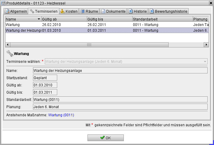 Registerkarte „Terminserien“ im Produktdetail-Fenster