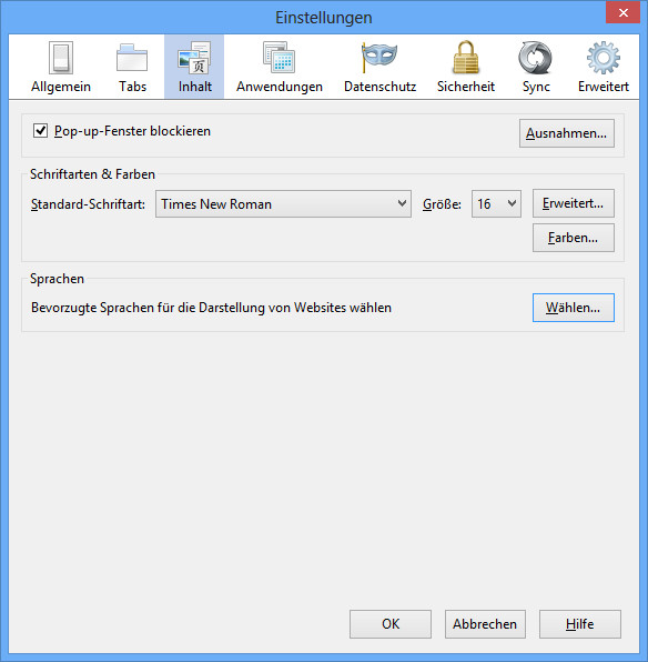 Fenster "Einstellungen" im Mozilla Firefox