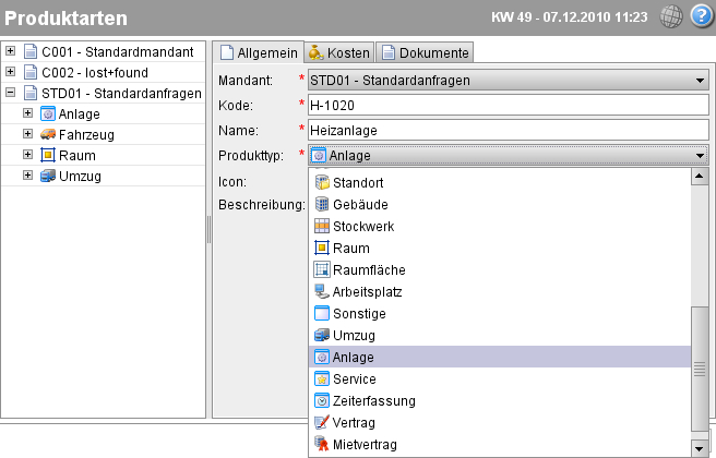 Auswahl des Produkttyps