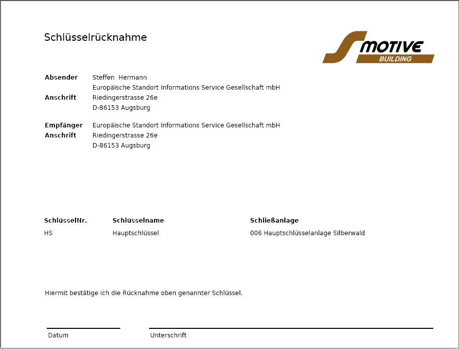 Auszug aus einem Schlüsselrückgabeprotokoll