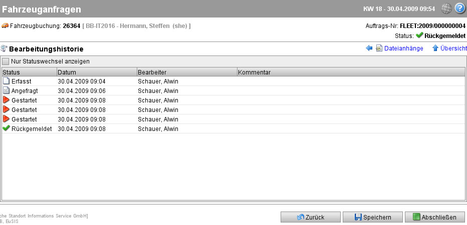 Bearbeitungshistorie einer rückgemeldeten Fahrzeuganfrage
