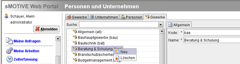 Anlegen eines neuen Gewerkes