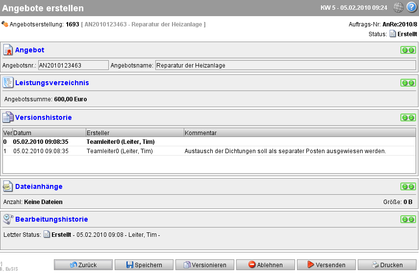 PlugIn-Übersicht nach Wiederherstellen einer Angebotsversion