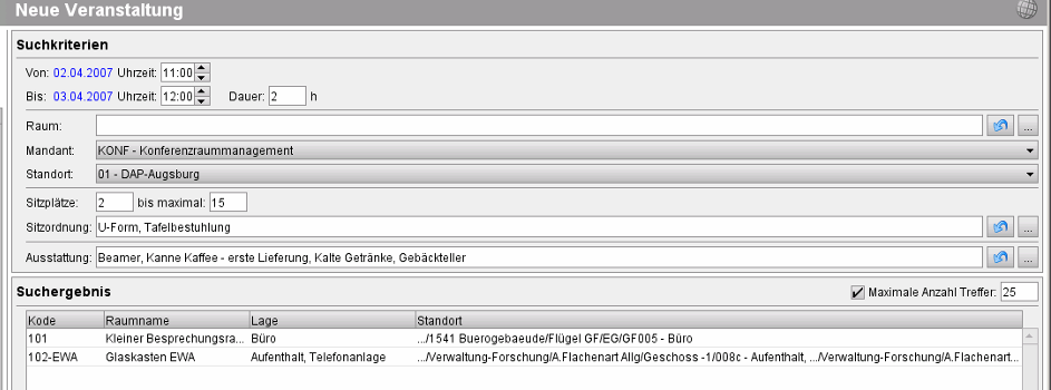 Ergebnis der definierten Suche