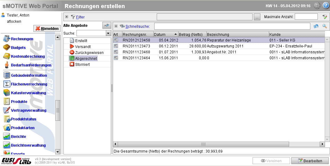 Ansicht aller abgerechneten Rechnungen