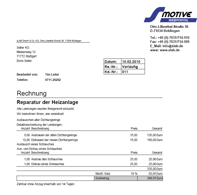 Auszug aus einer Standardrechnung