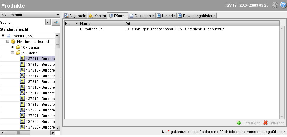 Registerkarte „Räume“ zu einem Inventurprodukt