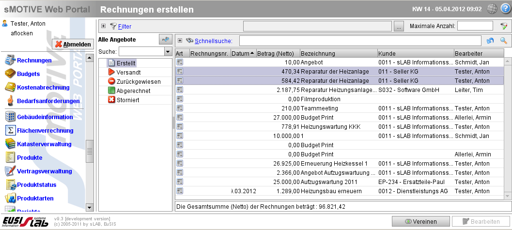 Übersichtsscreen „Rechnungen“