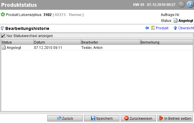 Bearbeitungshistorie zum Produkt im Produktlebenszyklus