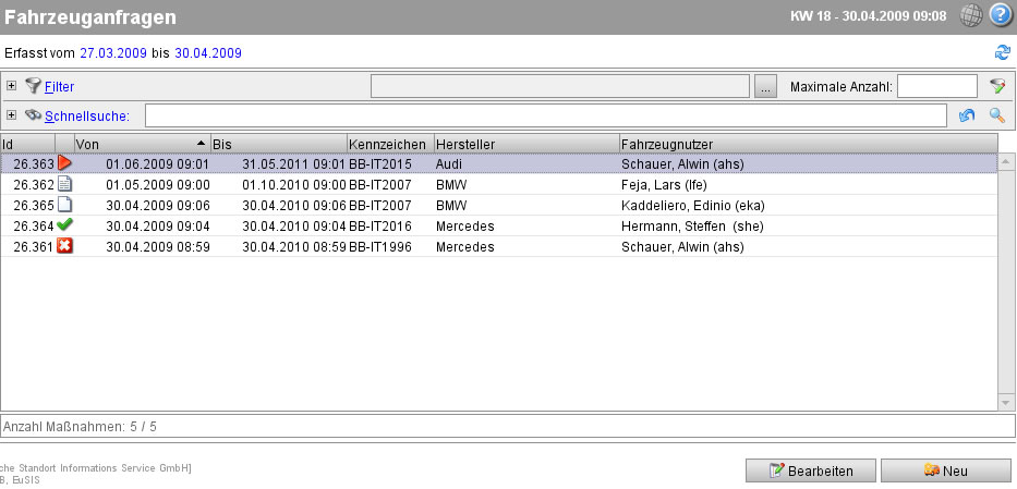 Übersicht aller Fahrzeuganfragen