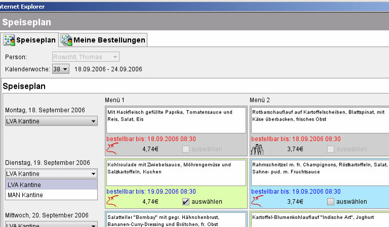 Auswahl der Kantine