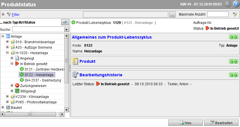 Übersichtseite aller Produkte, nach Produkttyp/Produktart/Status sortiert