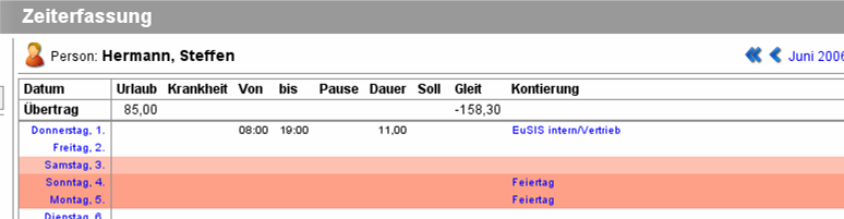 Zeiteintrag in der Monatsübersicht