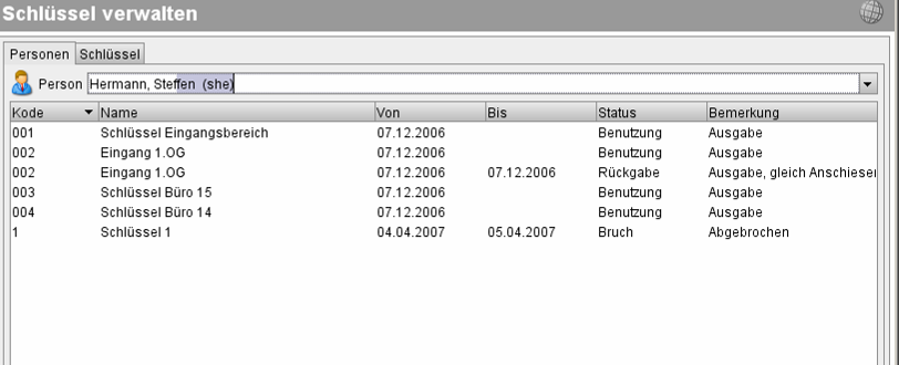 Überblick über alle der ausgewählten Person zugewiesenen Schlüssel
