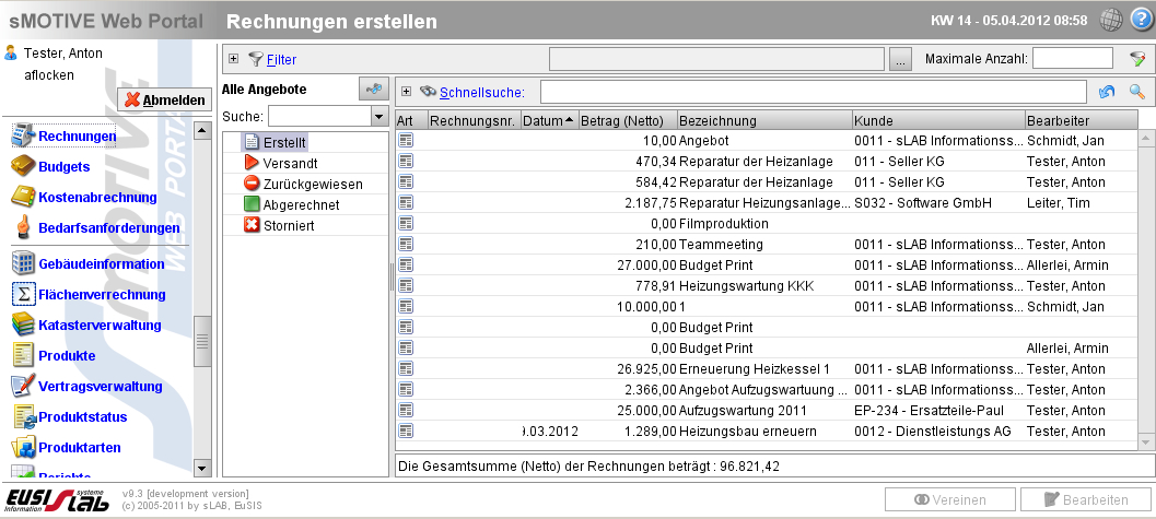 Übersichtsscreen „Rechnungen“